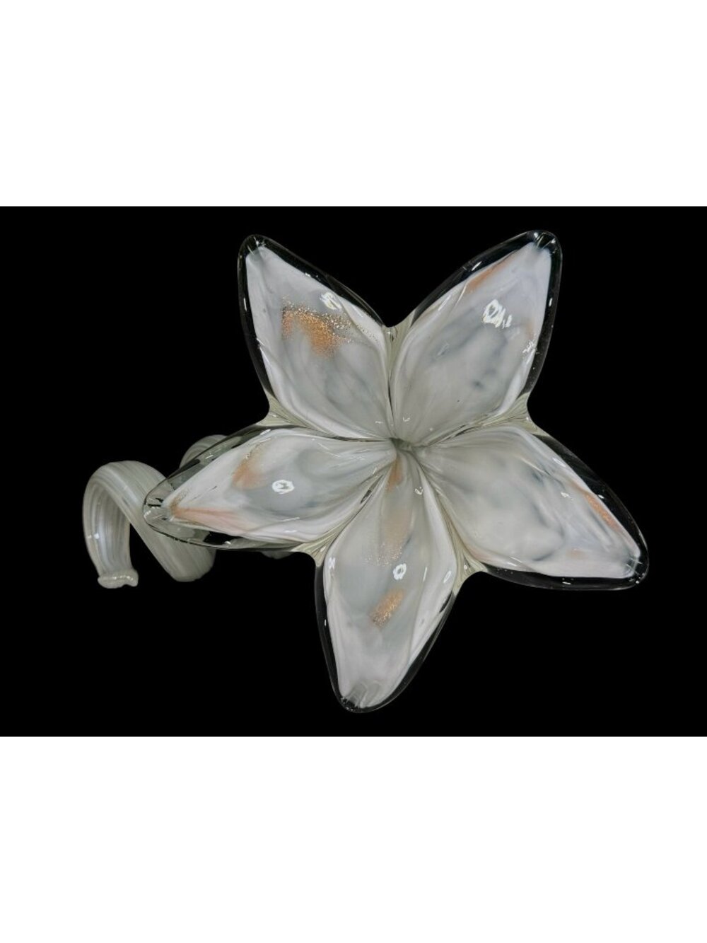 White and Clear Blown Glass Flower Figurine with Curled Stem - 6 Inch